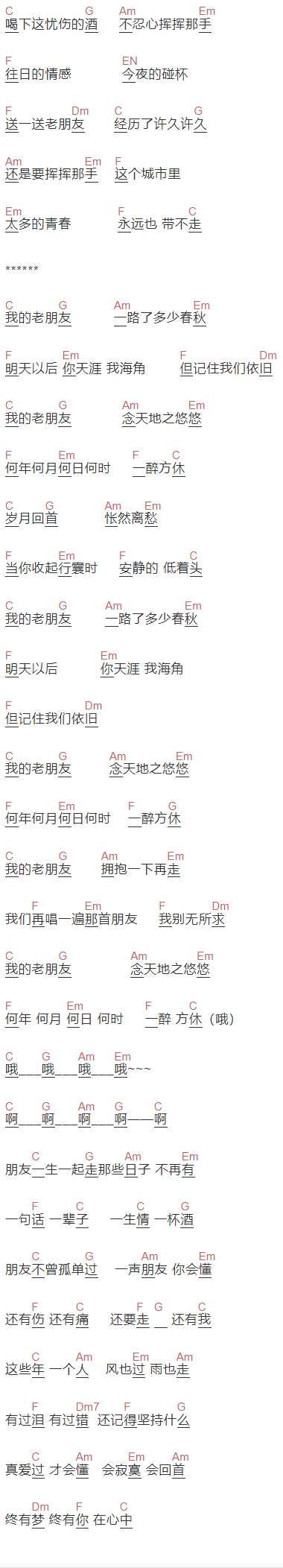 丛铭君《老朋友》吉他谱C调和弦谱(txt)1