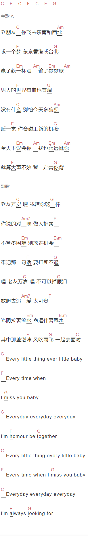 郑伊健《老友万岁》吉他谱C调和弦谱(txt)1