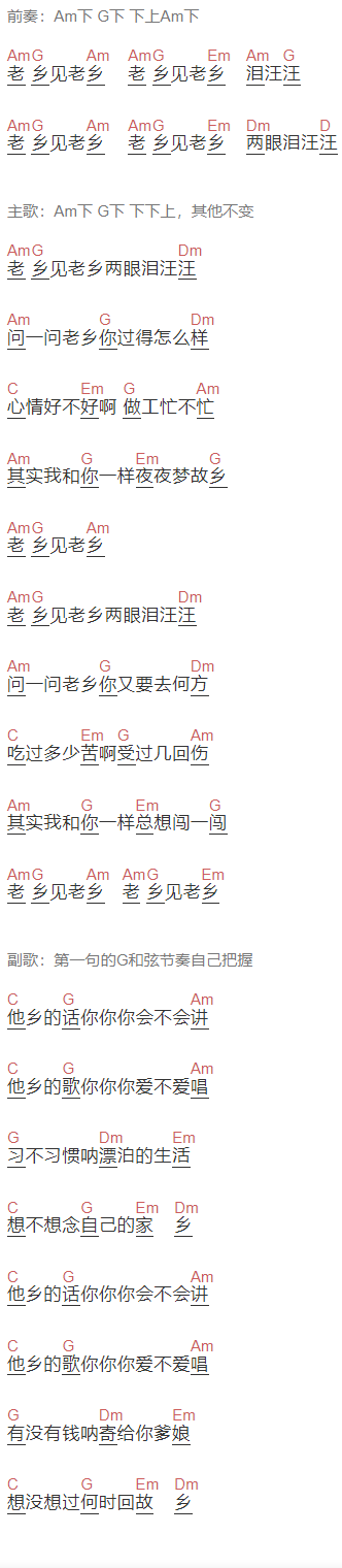 金学峰《老乡》吉他谱C调和弦谱(txt)1