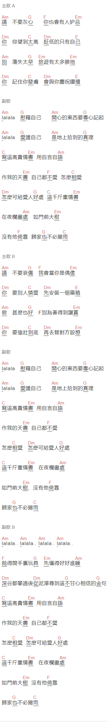 王菲《给自己的情书》吉他谱C调和弦谱(txt)1