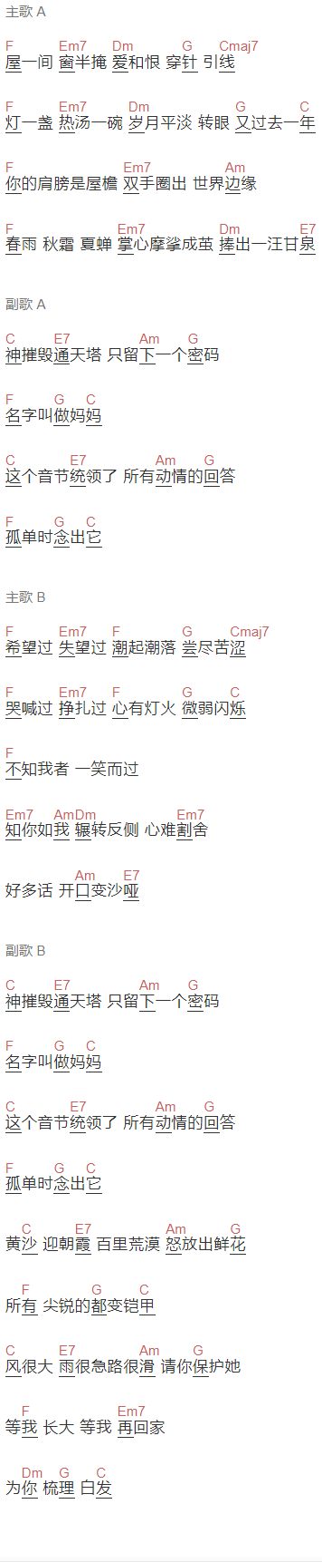 房东的猫《给妈妈》吉他谱C调和弦谱(txt)1