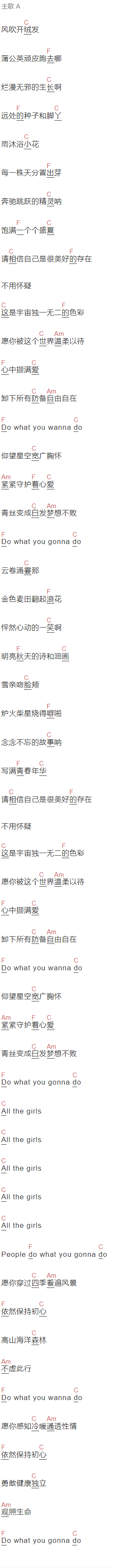 李宇春《给女孩》吉他谱C调和弦谱(txt)1