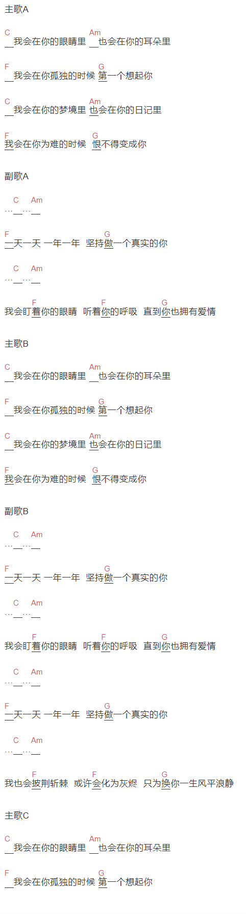 王辰《给女儿的歌》吉他谱C调和弦谱(txt)1