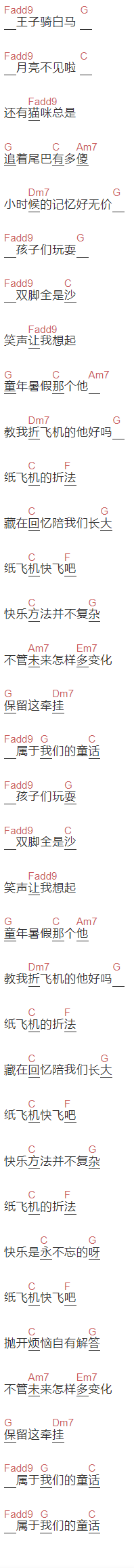 林忆莲《纸飞机》吉他谱C调和弦谱(txt)1