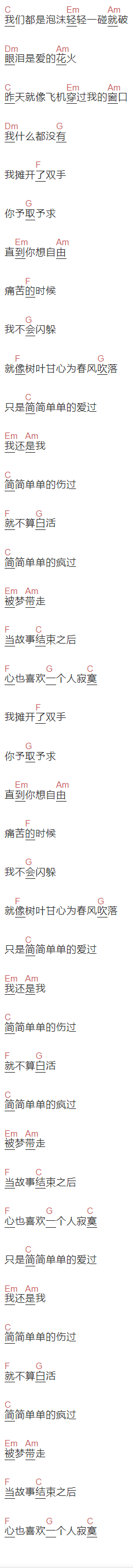 林俊杰《简简单单》吉他谱C调和弦谱(txt)1