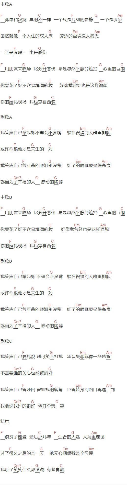 大壮《答应自己》吉他谱C调和弦谱(txt)1