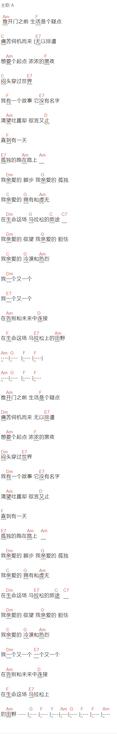 旅行团《生命是场马拉松》吉他谱C调和弦谱(txt)1