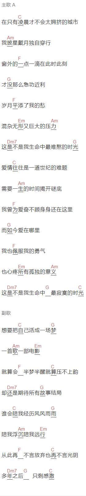 齐一《生命中的时光》吉他谱C调和弦谱(txt)1