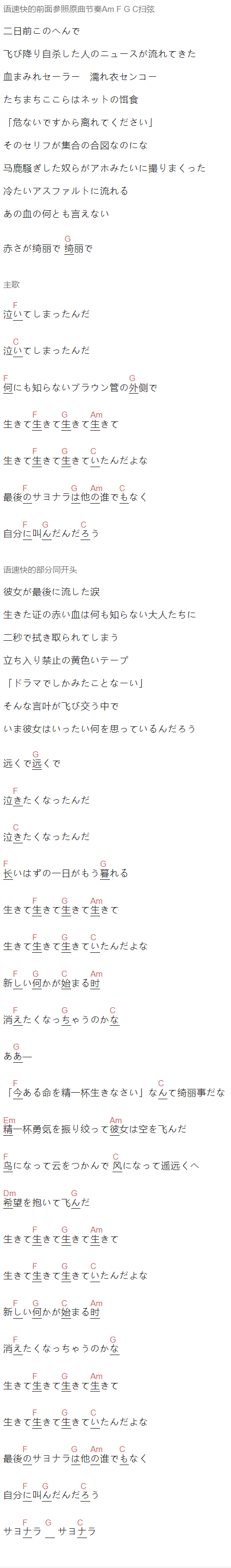 あいみょん（爱缪）《生きていたんだよな》吉他谱C调和弦谱(txt)1