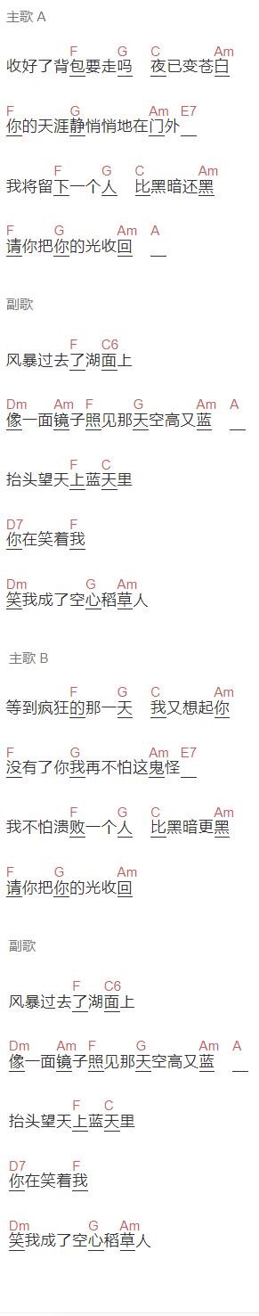周云蓬《瓦尔登湖》吉他谱C调和弦谱(txt)1
