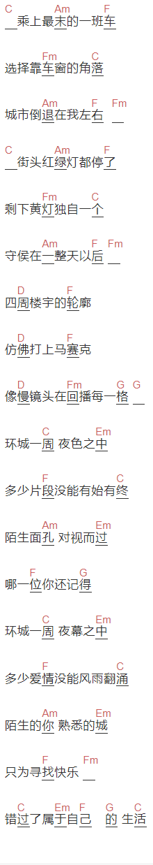  乔任梁《环城巴士》吉他谱C调和弦谱(txt)1