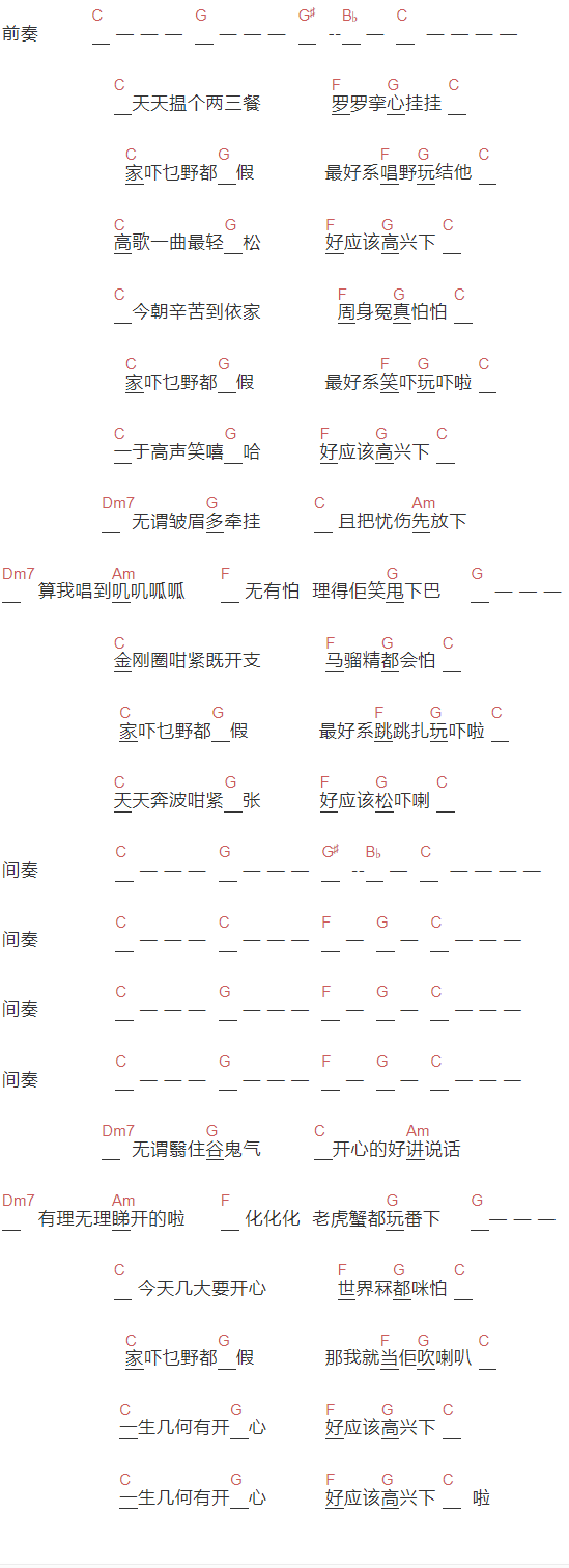 温拿《玩吓啦》吉他谱C调和弦谱(txt)1