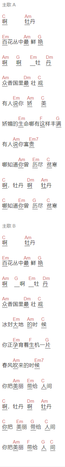 蒋大为模仿秀康明《牡丹之歌》吉他谱C调和弦谱(txt)1