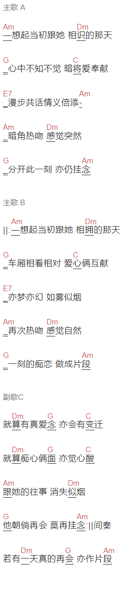 张国荣《片段》吉他谱C调和弦谱(txt)1
