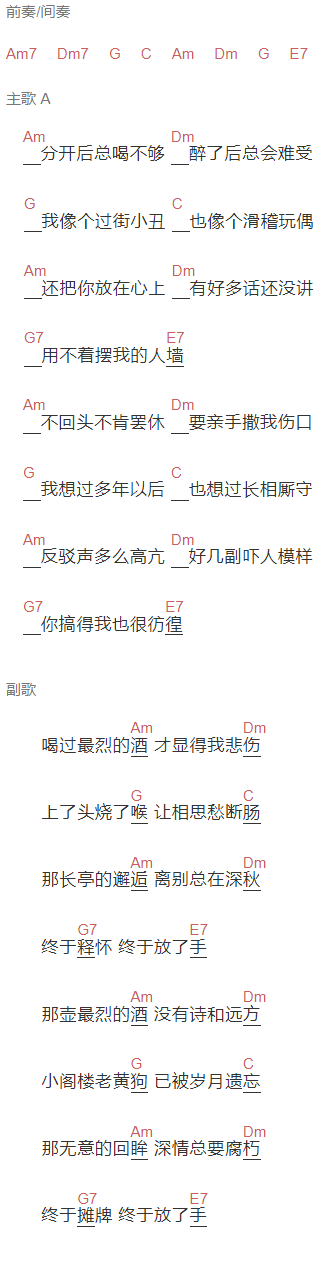 屈原《烈酒》吉他谱C调和弦谱(txt)1