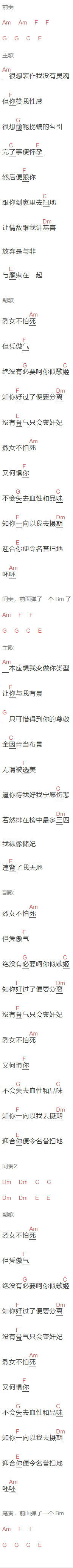 杨千嬅《烈女》吉他谱C调和弦谱(txt)1