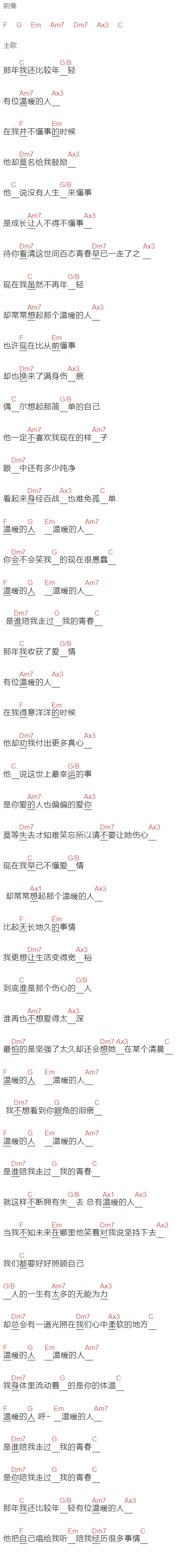 齐一《温暖的人》吉他谱C调和弦谱(txt)1