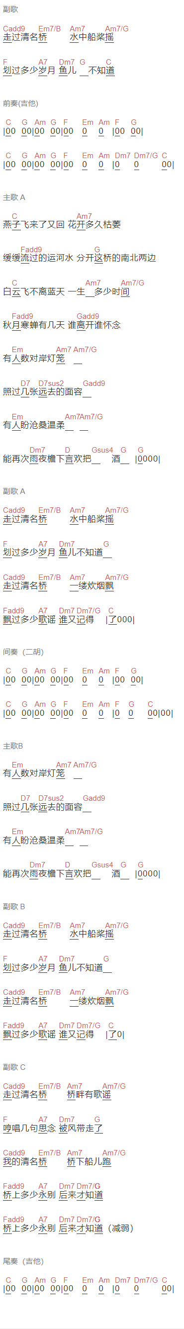 宁夏《清名谣》吉他谱C调和弦谱(txt)1
