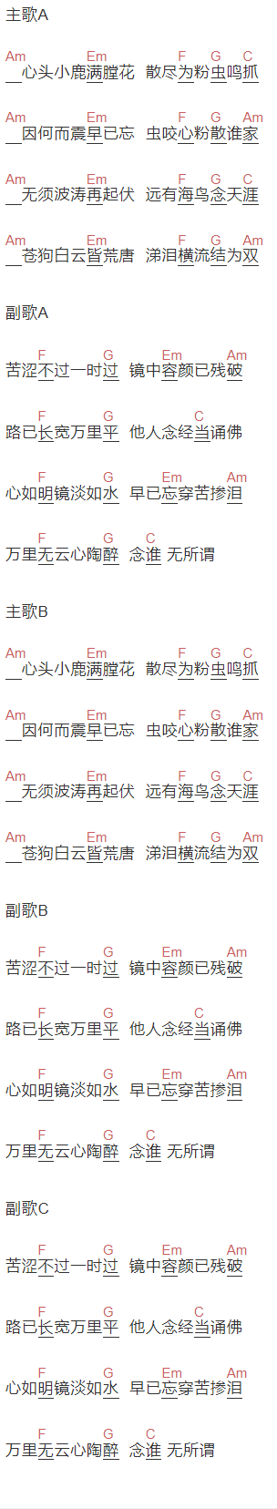 隔壁老樊《淡淡》吉他谱C调和弦谱(txt)1