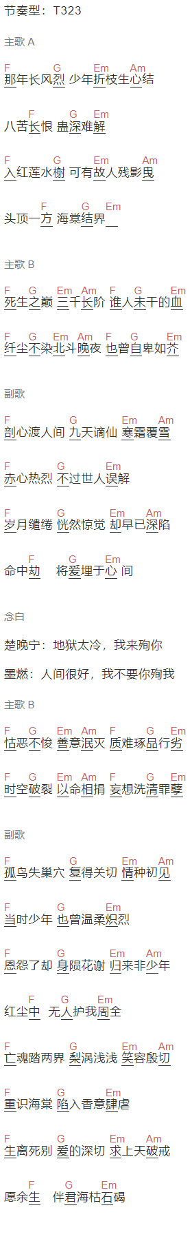 一只榴莲,长风间音乐团队《海棠》吉他谱C调和弦谱(txt)1