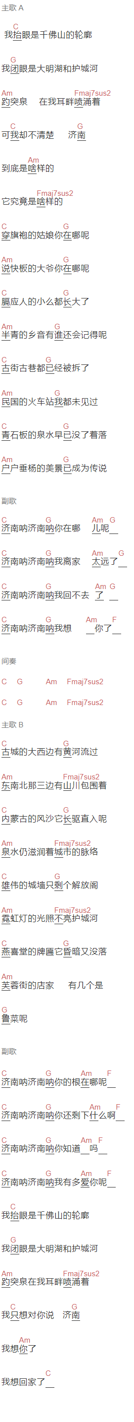  陈小熊《济南济南》吉他谱C调和弦谱(txt)1