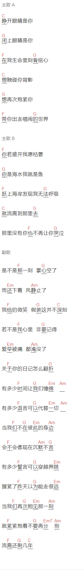 周星星《流离》吉他谱C调和弦谱(txt)1