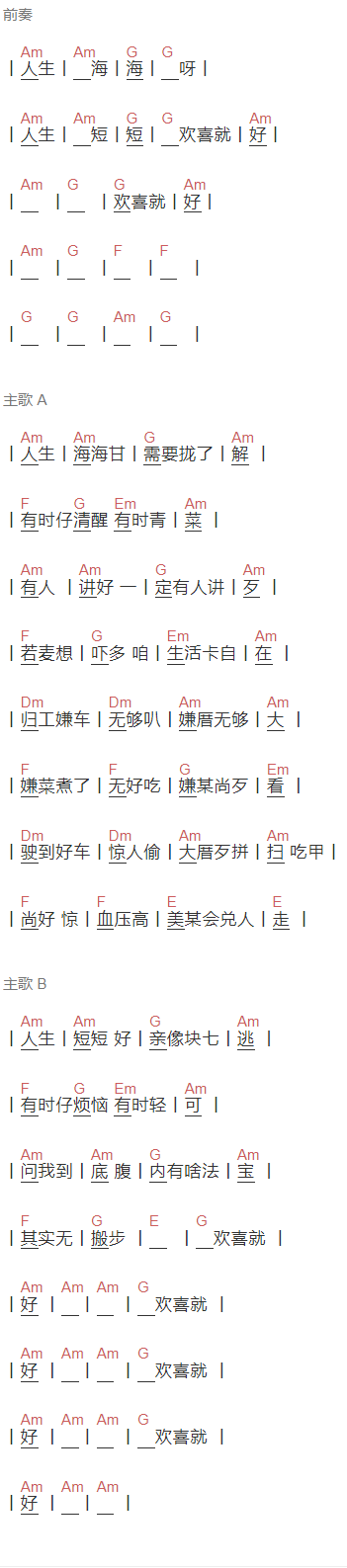 陈雷《欢喜就好》吉他谱C调和弦谱(txt)1