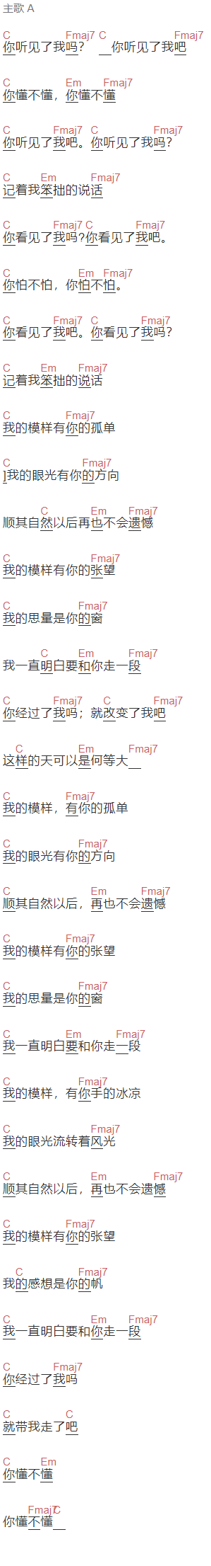 张悬《模样》吉他谱C调和弦谱(txt)1