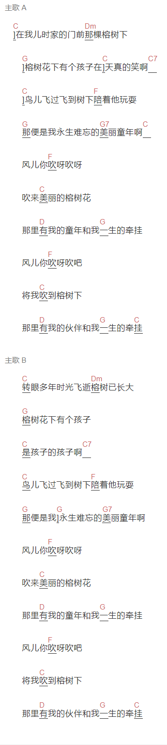 川子,姜牧言《榕树花》吉他谱C调和弦谱(txt)1