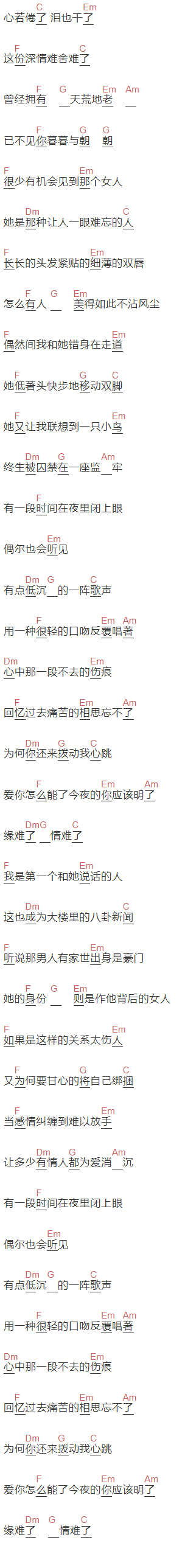 游鸿明《楼下那个女人》吉他谱C调和弦谱(txt)1