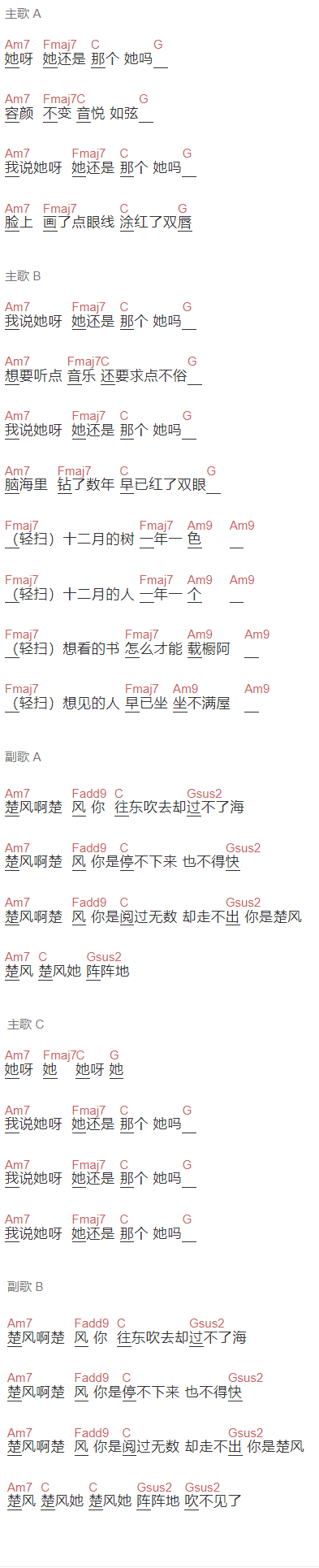 何大河《楚风阵阵吹》吉他谱C调和弦谱(txt)1