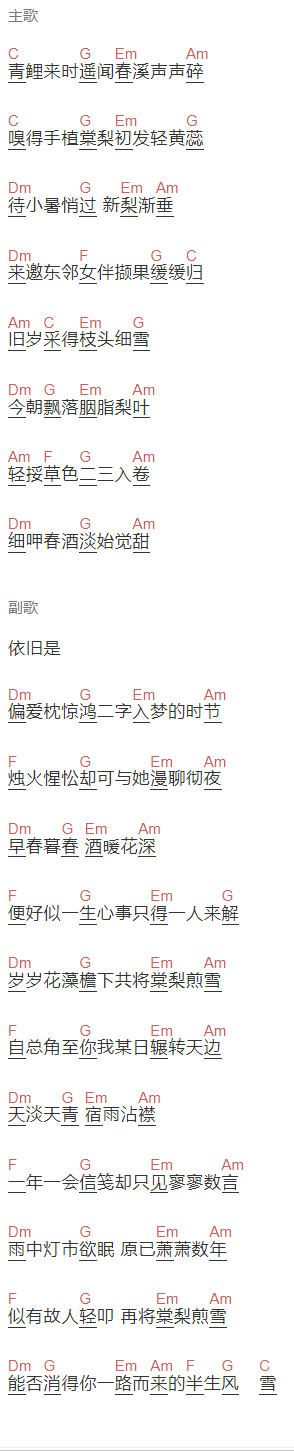 银临《棠梨煎雪》吉他谱C调和弦谱(txt)1