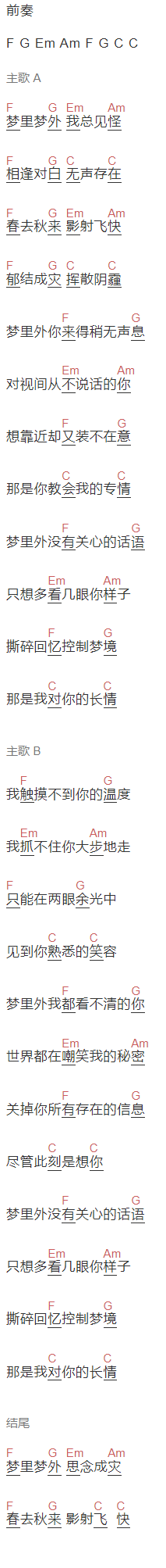 jam《梦里梦外》吉他谱C调和弦谱(txt)1