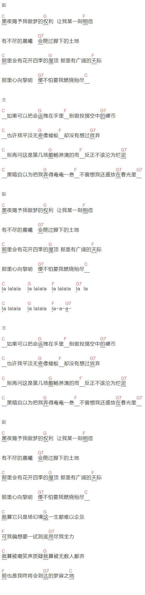 鹿晗《梦寐之地》吉他谱C调和弦谱(txt)1