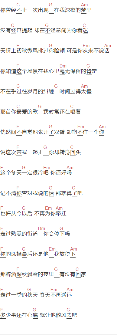 肯《桥下》吉他谱C调和弦谱(txt)1
