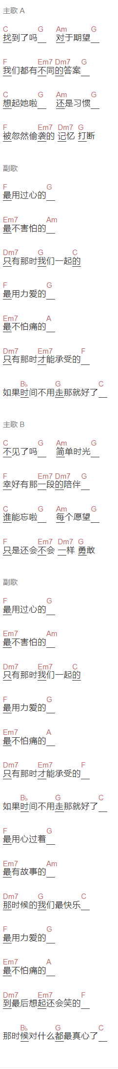 未知歌手《最用过心的》吉他谱C调和弦谱(txt)1