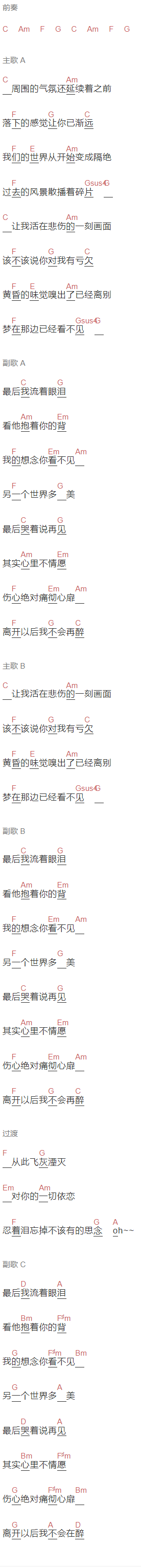 小贱《最后哭着说再见》吉他谱C调和弦谱(txt)1