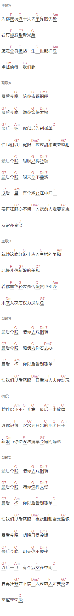 陈奕迅《最后今晚》吉他谱C调和弦谱(txt)1