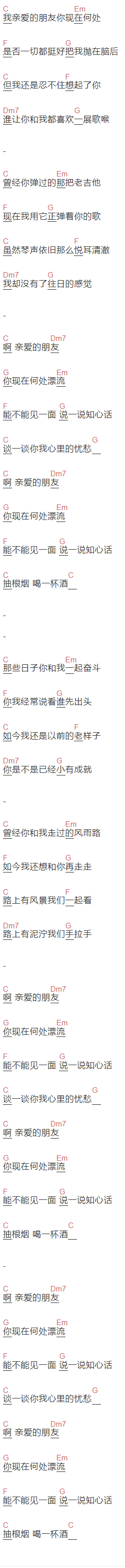 万晓利《抽根烟喝杯酒》吉他谱C调和弦谱(txt)1