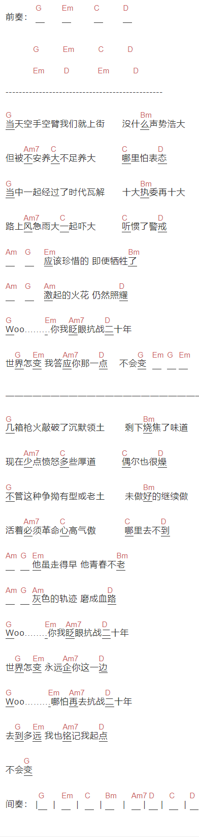 黄家驹《抗战二十年》吉他谱C调和弦谱(txt)1