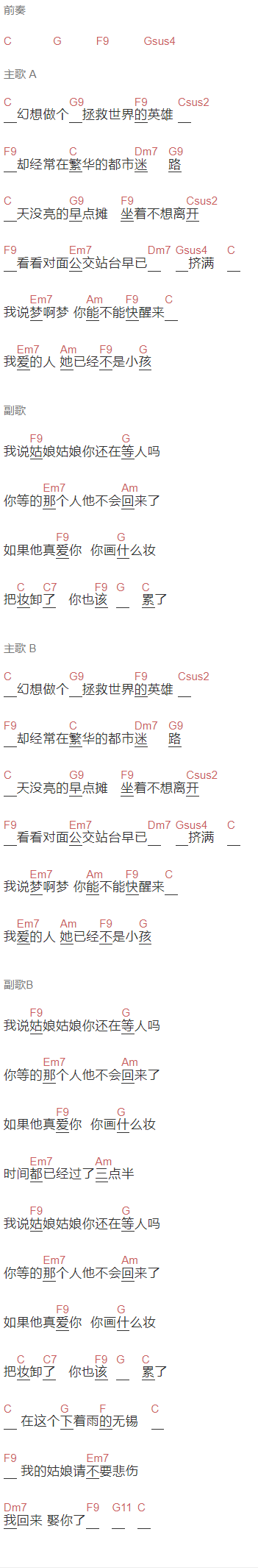 曹方瑞《我说姑娘》吉他谱C调和弦谱(txt)1
