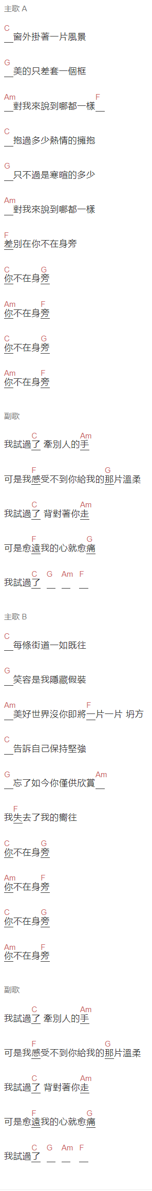 康姆士《我试过了》吉他谱C调和弦谱(txt)1