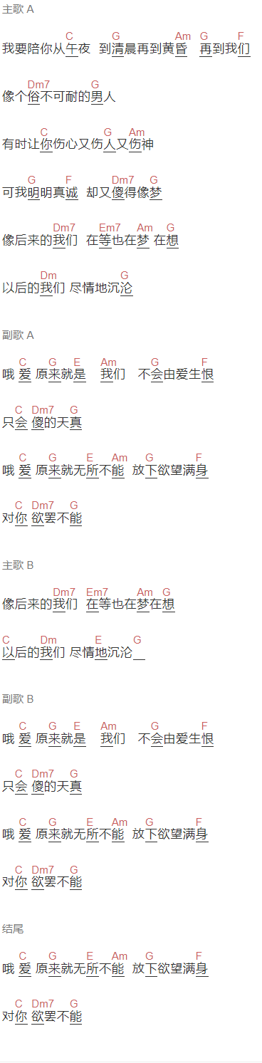 隔壁老樊《我要陪你从午夜到清晨再到黄昏》吉他谱C调和弦谱(txt)1