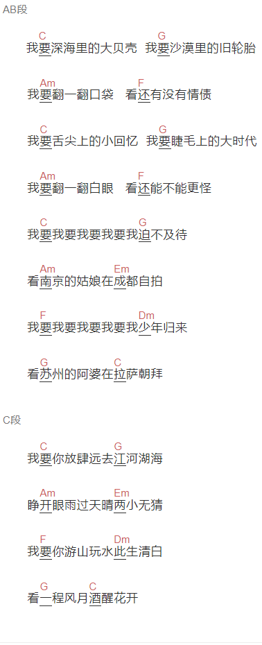 许飞《我要》吉他谱C调和弦谱(txt)1