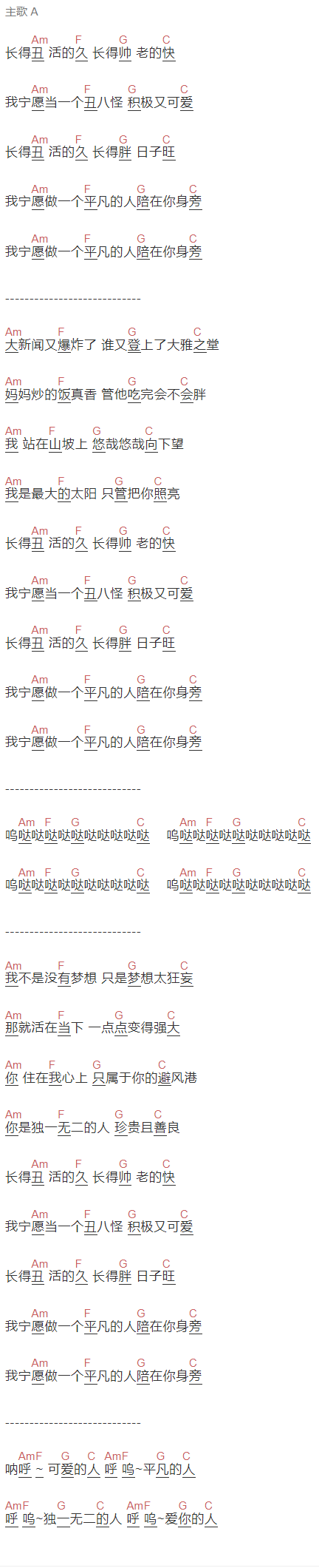 王七七《我愿意平凡的陪在你身边》吉他谱C调和弦谱(txt)1
