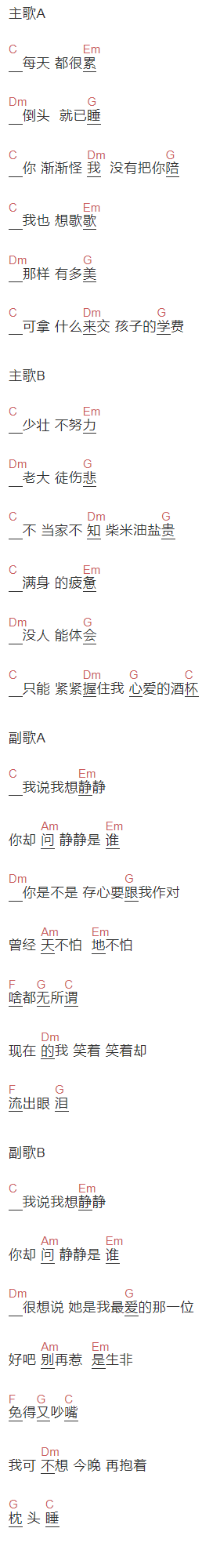 秋裤大叔《我想静静》吉他谱C调和弦谱(txt)1