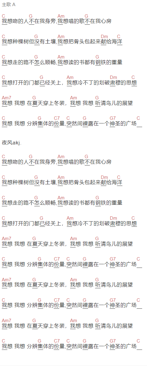 张楚,马条等《我想我想》吉他谱C调和弦谱(txt)1