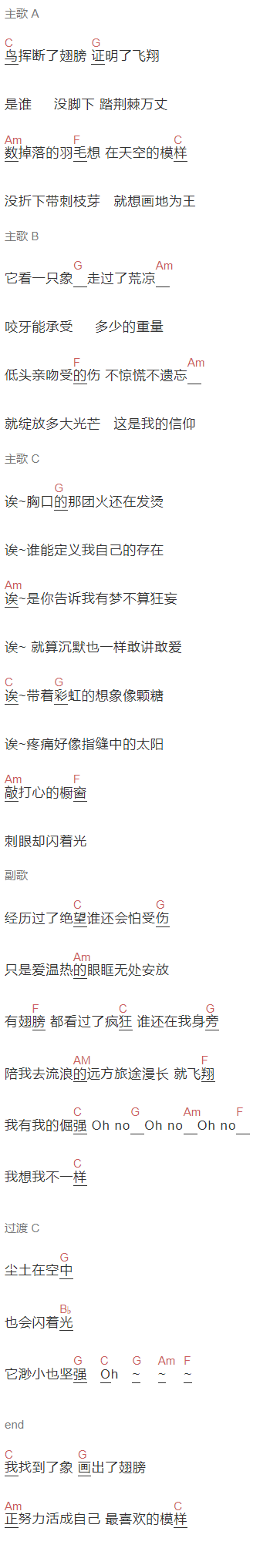 张紫宁《我想我不一样》吉他谱C调和弦谱(txt)1