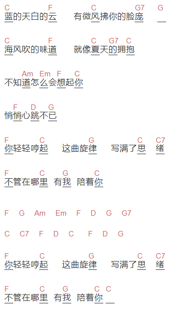 刺客伍六七《我想和你一起去海边》吉他谱C调和弦谱(txt)1