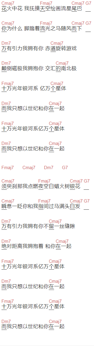 棱镜《我想以世纪和你在一起》吉他谱C调和弦谱(txt)1